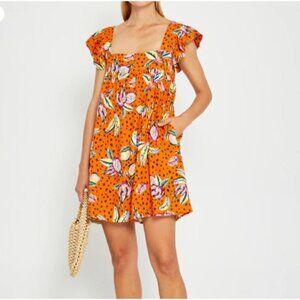 Kourt Aria Linen Tropical Short Dress Pockets Fruit Bird Medium Orange